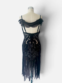 Mandalay Whimsical Art Deco Black & Silver Beaded Dress with Sheer Details