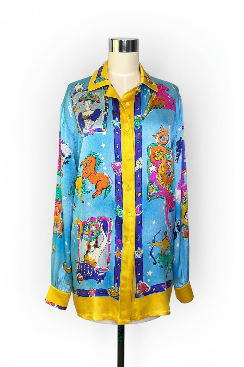 A Map of the Heavens | Vintage Escada Margaretha Ley — Made in Germany Bold  Statement Zodiac Silk Blouse