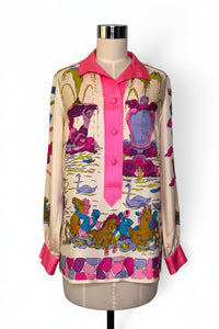 Vintage Oleg Cassini Silk Scenic Blouse | 1970s Pink Baroque Novelty Print
