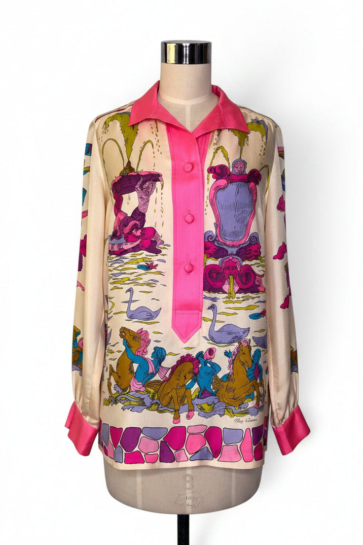 Vintage Oleg Cassini Silk Scenic Blouse | 1970s Pink Baroque Novelty Print