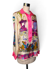 Vintage Oleg Cassini Silk Scenic Blouse | 1970s Pink Baroque Novelty Print