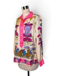 Vintage Oleg Cassini Silk Scenic Blouse | 1970s Pink Baroque Novelty Print