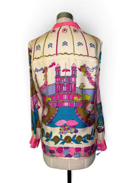 Vintage Oleg Cassini Silk Scenic Blouse | 1970s Pink Baroque Novelty Print
