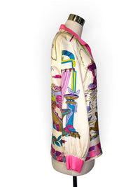 Vintage Oleg Cassini Silk Scenic Blouse | 1970s Pink Baroque Novelty Print