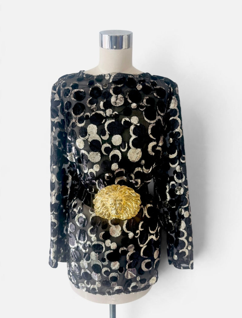 Vintage After Five Black & Silver Metallic Celestial Moon Burnout Velvet Tunic