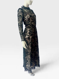 Vintage Rina di Montella Black Floral Lace, Sequin, Beaded Evening Gown