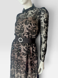 Vintage Rina di Montella Black Floral Lace, Sequin, Beaded Evening Gown