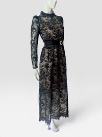 Vintage Rina di Montella Black Floral Lace, Sequin, Beaded Evening Gown