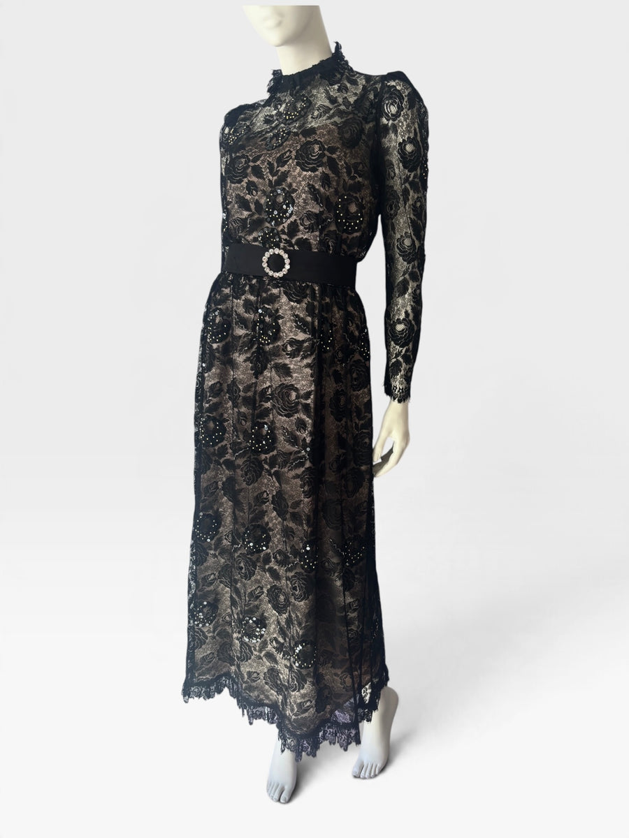 Vintage Rina di Montella Black Floral Lace, Sequin, Beaded Evening Gown