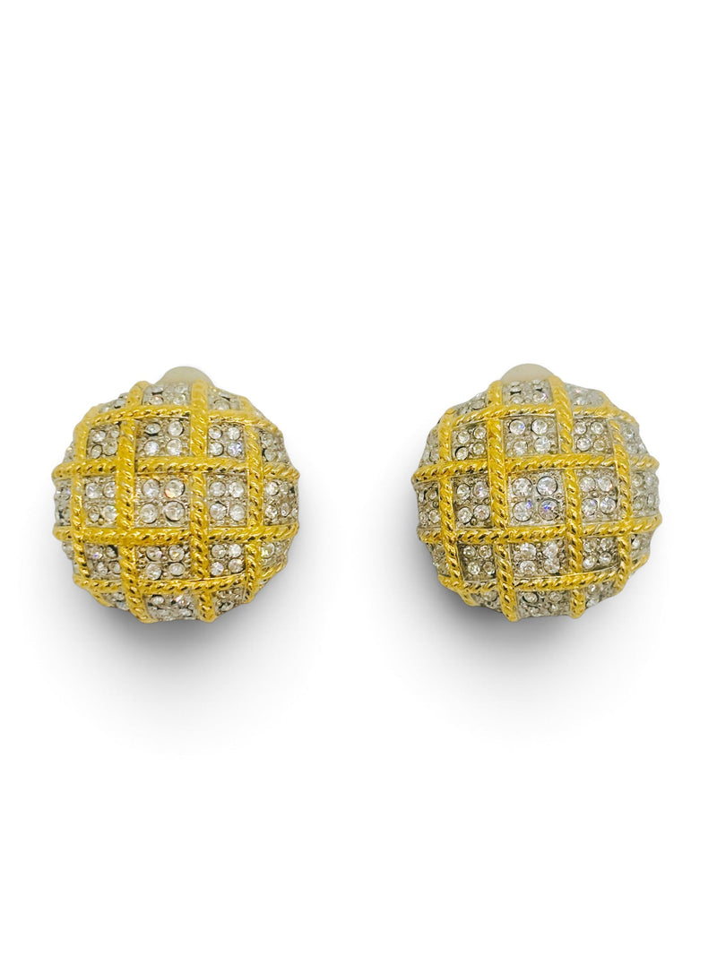 1980's Gold Tone Lattice Rhinestone Dome Statment Clip-On Earrings