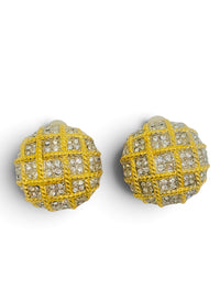 1980's Gold Tone Lattice Rhinestone Dome Statment Clip-On Earrings