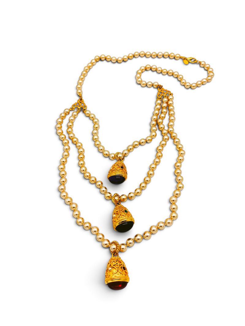 Regal Reverie | Vintage Kenneth Jay Lane Triple Drop Faux Pearl Byzantine Fob Necklace