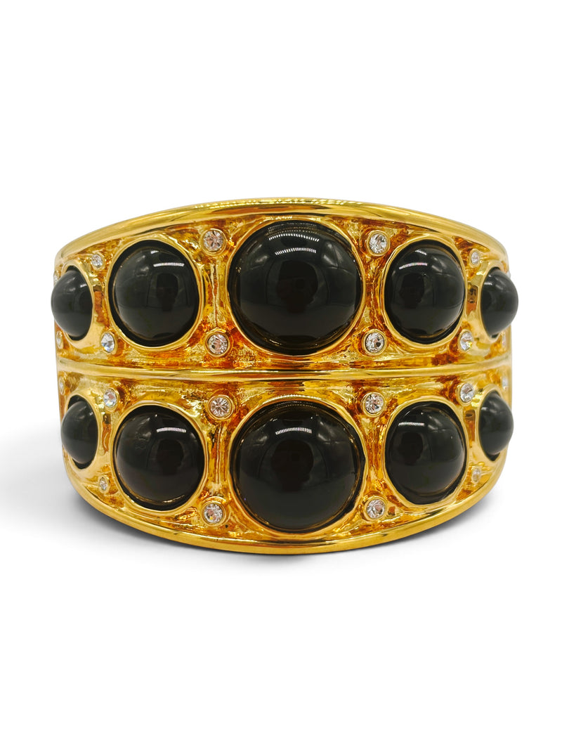 Kenneth Jay Lane Black Cabochon and Rhinestone Sculptural Hinged Bangle Bracelet