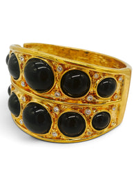 Kenneth Jay Lane Black Cabochon and Rhinestone Sculptural Hinged Bangle Bracelet