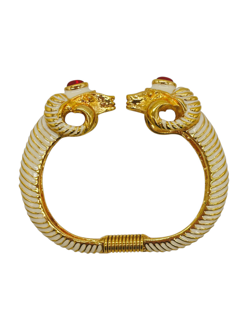 Vintage Kenneth Jay Lane White Enamel Double Ram Head Clamper Bracelet