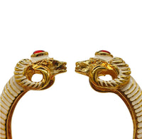 Vintage Kenneth Jay Lane White Enamel Double Ram Head Clamper Bracelet