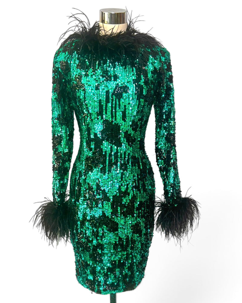 Emerald After Midnight | Vintage Black Tie Sequin &amp; Feather Cocktail Dress