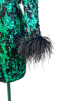 Emerald After Midnight | Vintage Black Tie Sequin &amp; Feather Cocktail Dress