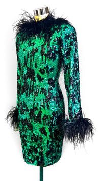 Emerald After Midnight | Vintage Black Tie Sequin &amp; Feather Cocktail Dress