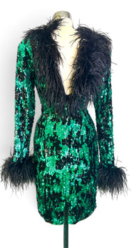 Emerald After Midnight | Vintage Black Tie Sequin &amp; Feather Cocktail Dress