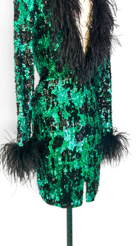 Emerald After Midnight | Vintage Black Tie Sequin &amp; Feather Cocktail Dress