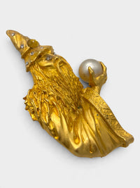 Vintage Gold-Tone Wizard Brooch with Crystal Ball | Mystical Statement Jewelry