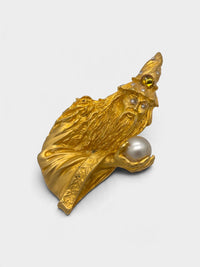 Vintage Gold-Tone Wizard Brooch with Crystal Ball | Mystical Statement Jewelry