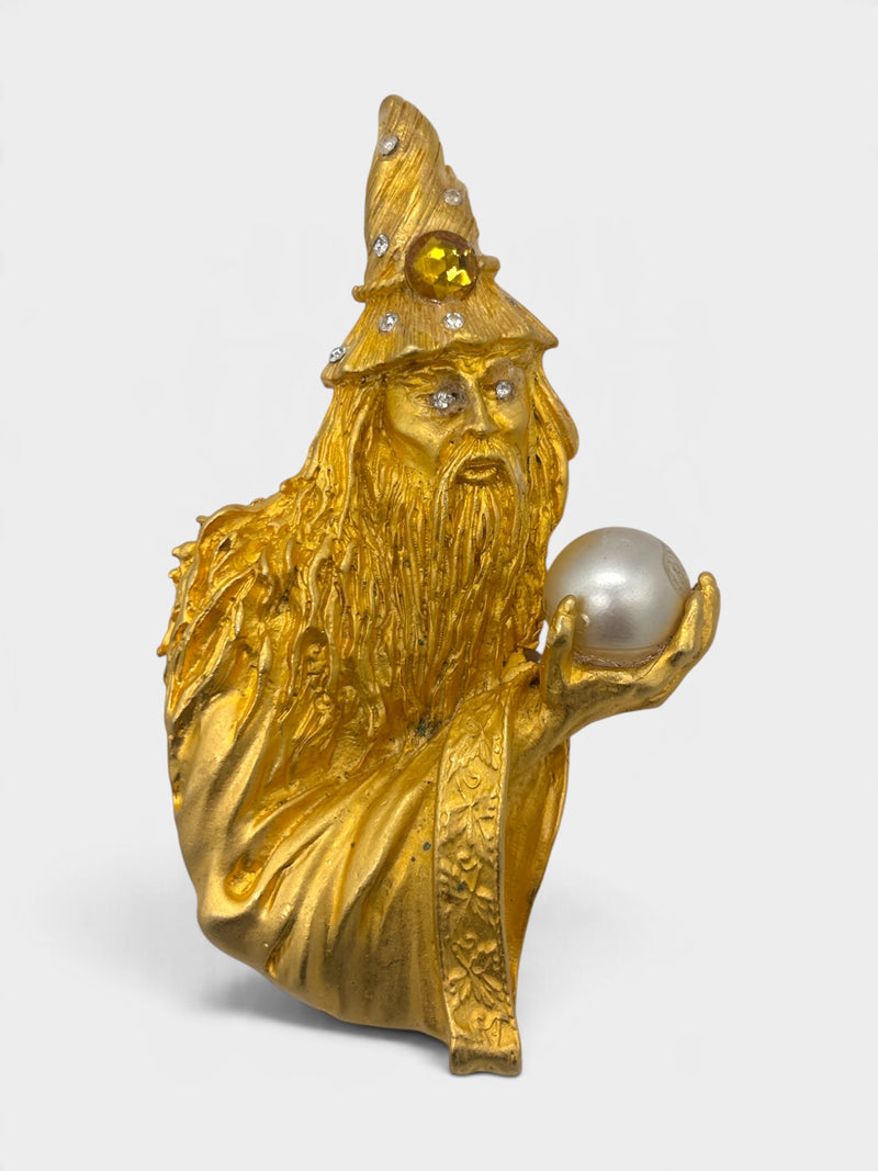 Vintage Gold-Tone Wizard Brooch with Crystal Ball | Mystical Statement Jewelry
