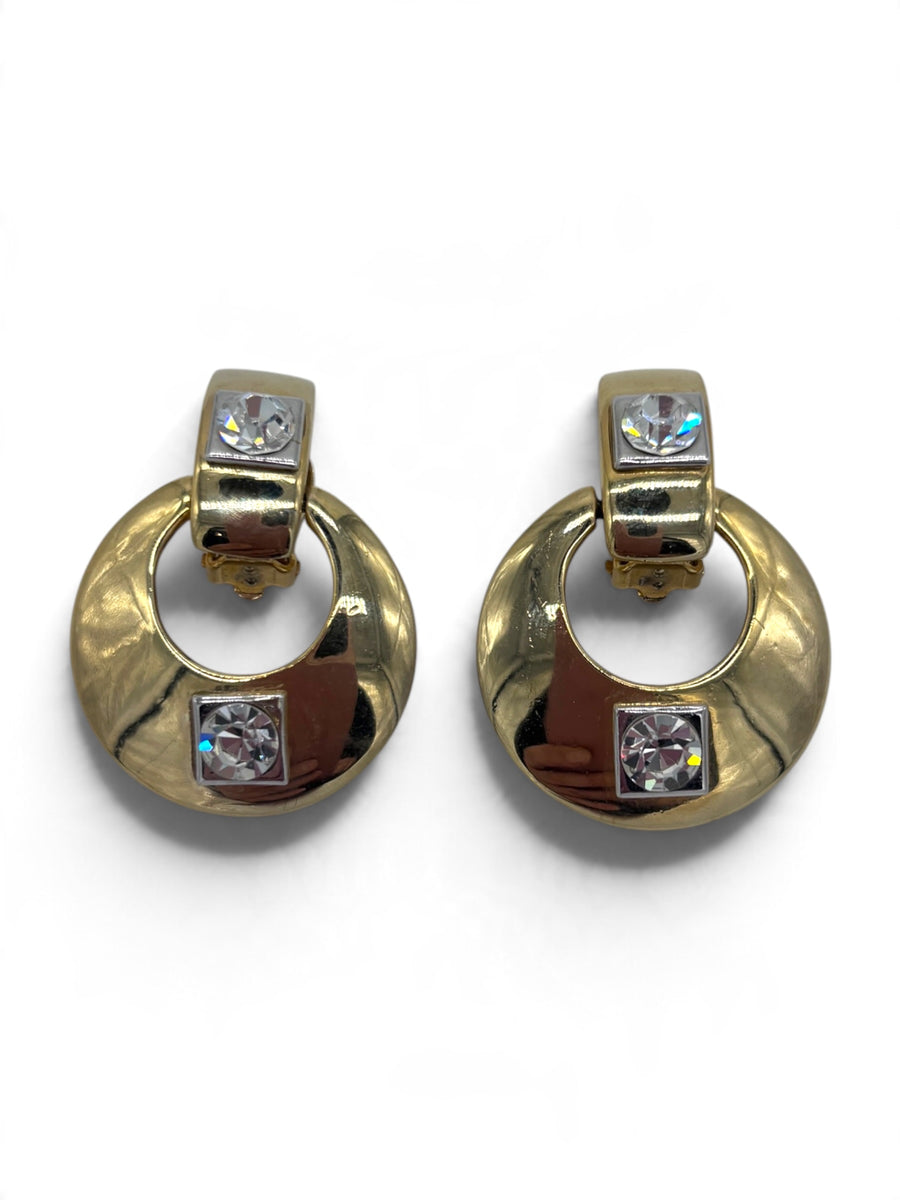 Vintage 1980s Sculptural Rhinestone and Gold-Tone Door Knocker Earrings