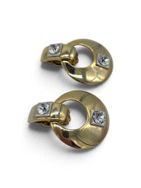 Vintage 1980s Sculptural Rhinestone and Gold-Tone Door Knocker Earrings