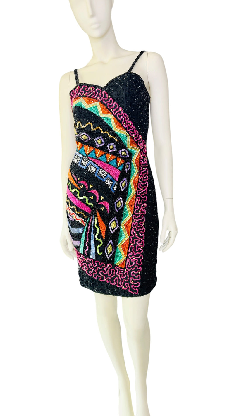 Vintage 1980’s Statement Fully Beaded & Sequined Art Deco Party Dress by Together