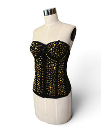 1980s Jeweled Black Bustier with Gold Studs &amp; Rhinestones — Vintage 34B