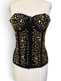 1980s Jeweled Black Bustier with Gold Studs &amp; Rhinestones — Vintage 34B