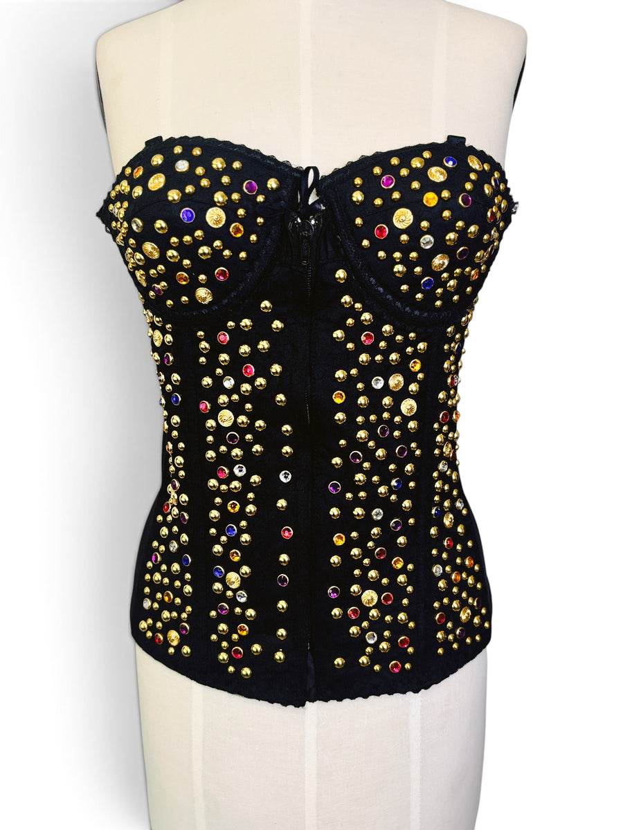 1980s Jeweled Black Bustier with Gold Studs &amp; Rhinestones — Vintage 34B