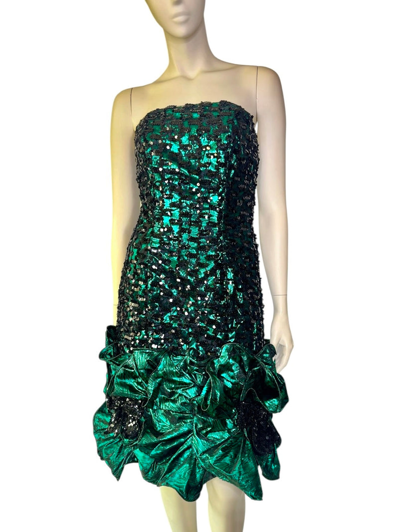 80’s Lillie Rubin Metallic Emerald Green Cocktail Dress with Black Sequins and Dramatic Ruffle