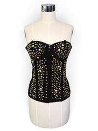 1980s Jeweled Black Bustier with Gold Studs &amp; Rhinestones — Vintage 34B