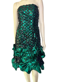 80’s Lillie Rubin Metallic Emerald Green Cocktail Dress with Black Sequins and Dramatic Ruffle