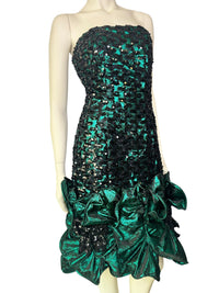80’s Lillie Rubin Metallic Emerald Green Cocktail Dress with Black Sequins and Dramatic Ruffle