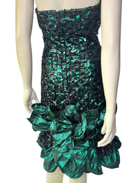 80’s Lillie Rubin Metallic Emerald Green Cocktail Dress with Black Sequins and Dramatic Ruffle