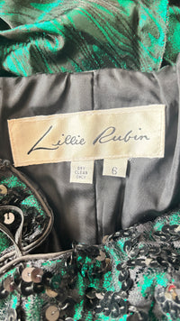 80’s Lillie Rubin Metallic Emerald Green Cocktail Dress with Black Sequins and Dramatic Ruffle