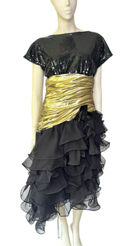 Vintage 1980’s Lillie Rubin Black Sequin & Gold Lamé Ruffle Cocktail Dress
