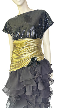 Vintage 1980’s Lillie Rubin Black Sequin & Gold Lamé Ruffle Cocktail Dress
