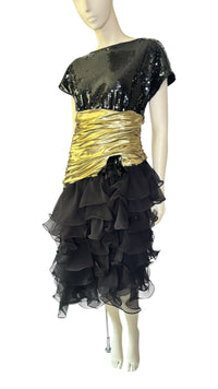 Vintage 1980’s Lillie Rubin Black Sequin & Gold Lamé Ruffle Cocktail Dress
