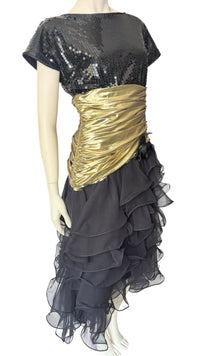 Vintage 1980’s Lillie Rubin Black Sequin & Gold Lamé Ruffle Cocktail Dress