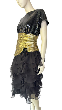 Vintage 1980’s Lillie Rubin Black Sequin & Gold Lamé Ruffle Cocktail Dress