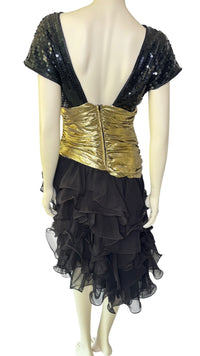 Vintage 1980’s Lillie Rubin Black Sequin & Gold Lamé Ruffle Cocktail Dress
