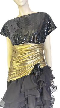 Vintage 1980’s Lillie Rubin Black Sequin & Gold Lamé Ruffle Cocktail Dress