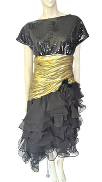 Vintage 1980’s Lillie Rubin Black Sequin & Gold Lamé Ruffle Cocktail Dress
