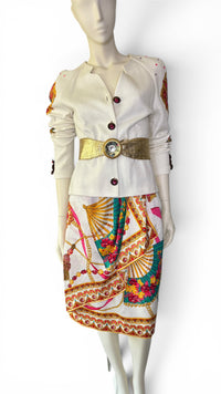 1980’s Anthony Sicari Dynasty”-Era Power Dressing Baroque Jewel Button 3-Piece Ensemble with Scarf
