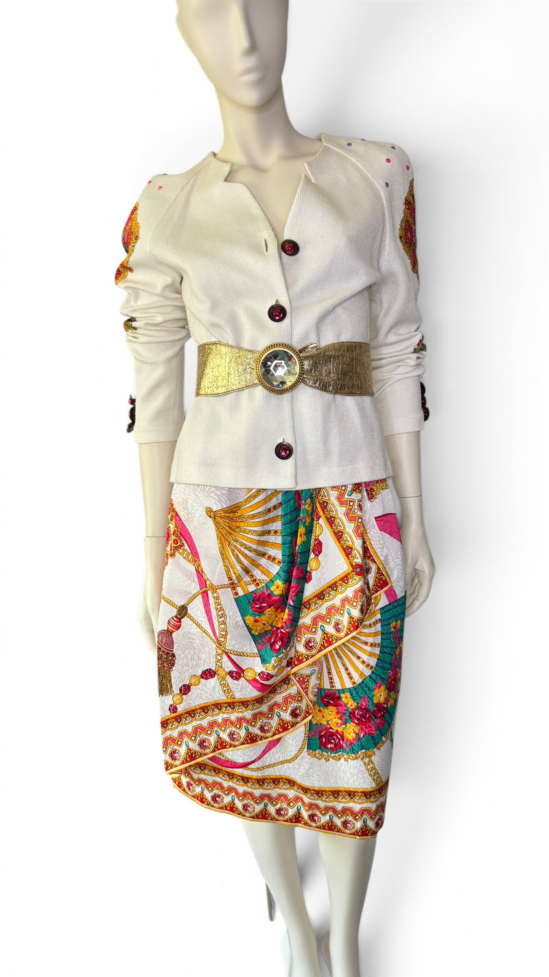 1980’s Anthony Sicari Dynasty”-Era Power Dressing Baroque Jewel Button 3-Piece Ensemble with Scarf